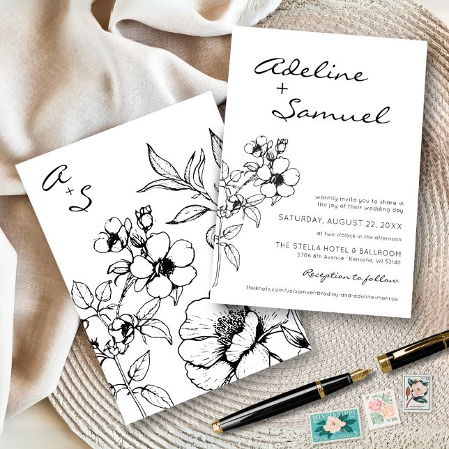 Convites Casamento Floral Preto e Branco Moderno Simples El (Simple elegant classic black and white modern floral wildflower monogram wedding invitation)