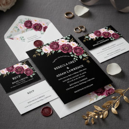 Convites Casamento Floral Preto e Burgundy Elegante