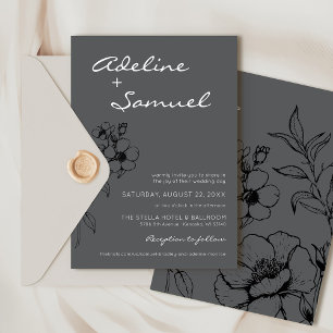 Convites Casamento Floral Preto e Cinza Moderno Simples Ele