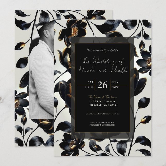 Convites Casamento Floral Preto e Dourado Bege (Frente/Verso)