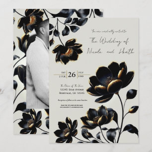 Convites Casamento Floral Preto e Dourado Bege