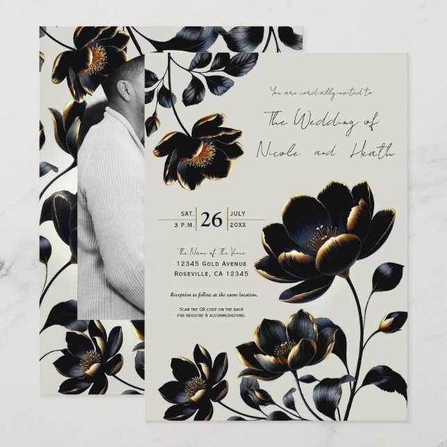 Convites Casamento Floral Preto e Dourado Bege (Frente/Verso)