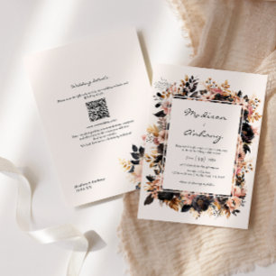 Convites Casamento Floral Preto e Dourado Código QR 2 em 1