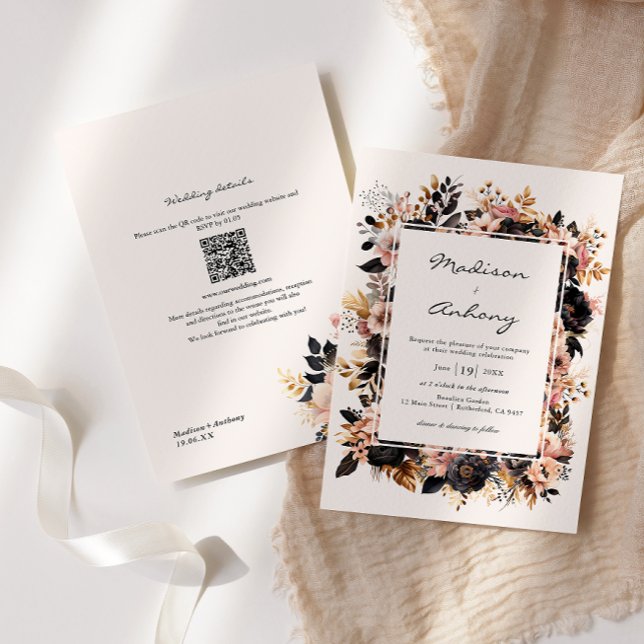 Convites Casamento Floral Preto e Dourado Código QR 2 em 1 (Criador carregado)