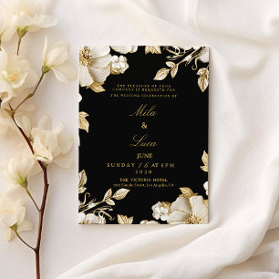 Convites Casamento floral preto e dourado de luxo