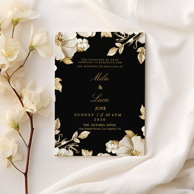 Convites Casamento floral preto e dourado de luxo (Luxury black and gold floral Wedding )