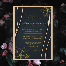 Convites Casamento Floral Preto e Dourado Elegante e Luxuos