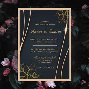 Convites Casamento Floral Preto e Dourado Elegante e Luxuos