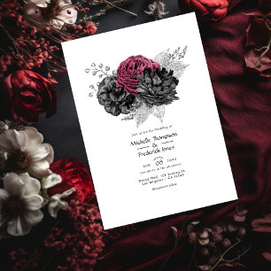 Convites Casamento Floral Preto e Marsala Prateado