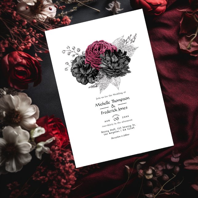 Convites Casamento Floral Preto e Marsala Prateado (Criador carregado)