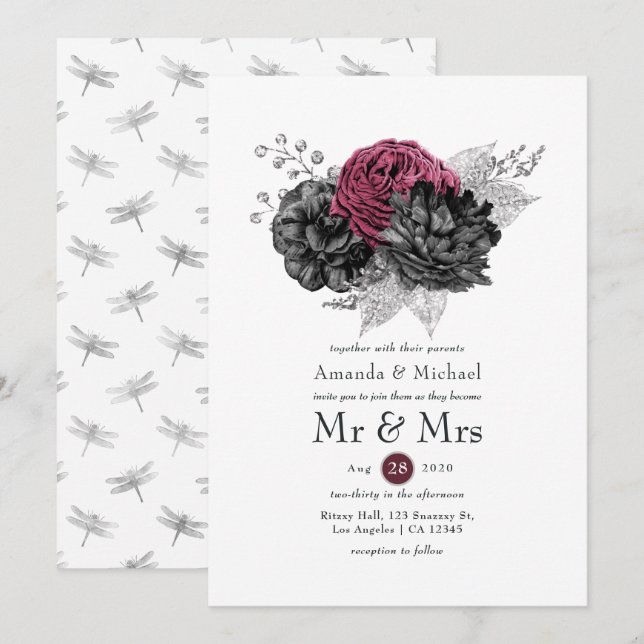 Convites Casamento Floral Preto e Prata Marsala (Frente/Verso)