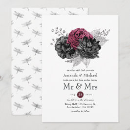 Convites Casamento Floral Preto e Prata Marsala