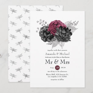 Convites Casamento Floral Preto e Prata Marsala