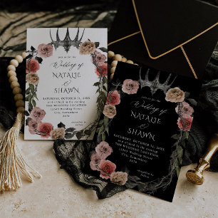 Convites Casamento Floral Preto e Rosa de Halloween
