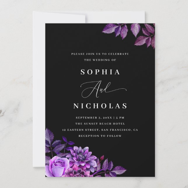 Convites Casamento Floral Preto e Roxo - Elegante Casamento (Frente)