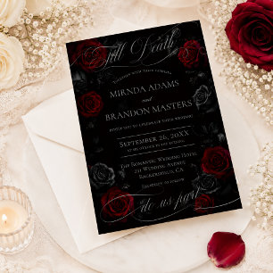 Convites Casamento Floral Preto e Vermelho com Caligrafia E