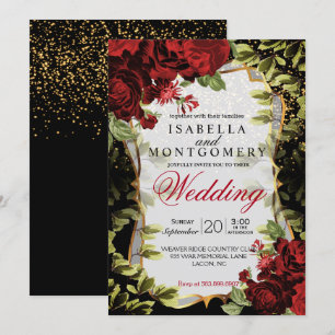 Convites Casamento floral preto e vermelho elegante