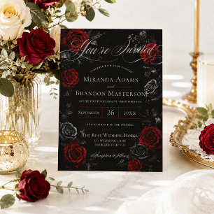 Convites Casamento Floral Preto e Vermelho Elegante