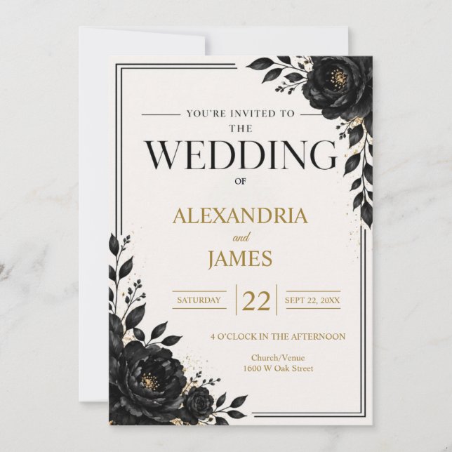Convites Casamento Floral Preto Elegante (Frente)