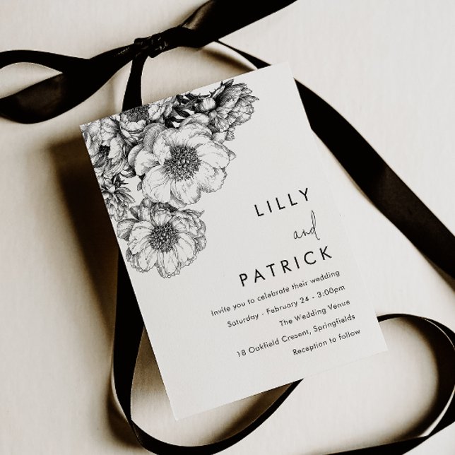 Convites Casamento Floral Preto Elegante (Criador carregado)