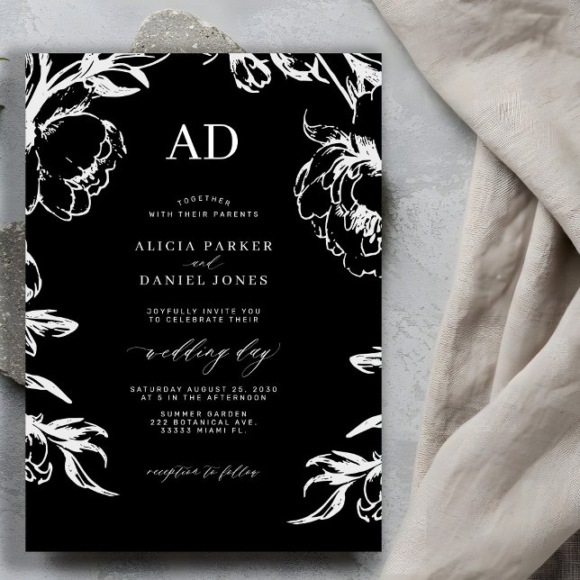Convites Casamento floral preto elegante (Criador carregado)