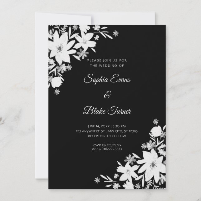 Convites Casamento Floral Preto Flores Brancas Românticas (Frente)
