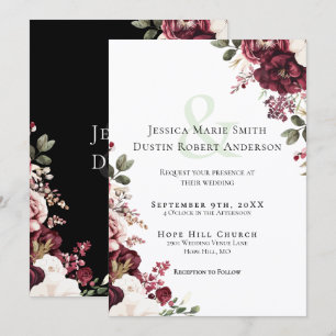 Convites Casamento Floral Preto Moderno Burgundy Blush