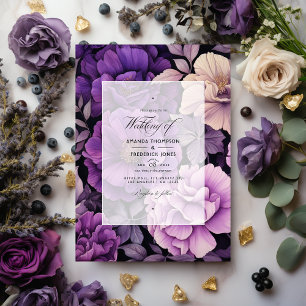 Convites Casamento Floral Preto, Prata e Roxo Escuro