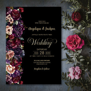 Convites Casamento Floral Preto-Puro-Moody Burgundy