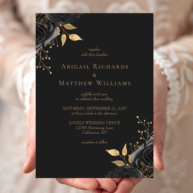 Convites Casamento Floral Preto Romântico Dourado (Criador carregado)