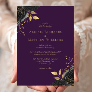 Convites Casamento Floral Preto Romântico Dourado Roxo