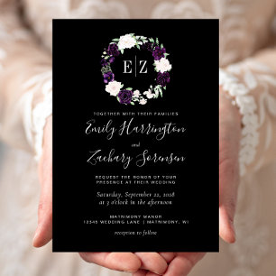 Convites Casamento Floral Preto Rosa Monograma Roxo
