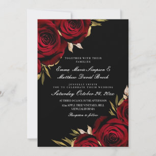 Convites Casamento Floral Preto Rosa Vermelha Dourada