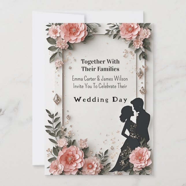 Convites 🌹 Casamento Floral Primavera com Casal Peach 💐 (Frente)