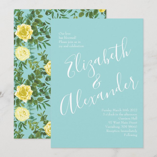 Convites Casamento Floral Primavera de Amarelo e Aqua Vinta (Frente/Verso)