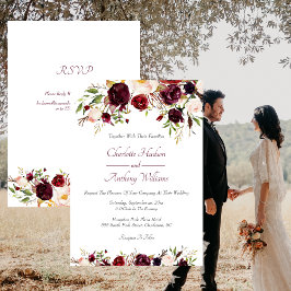 Convites Casamento Floral Profundo Burgundy com RSVP