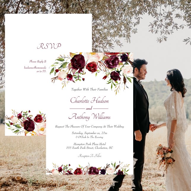 Convites Casamento Floral Profundo Burgundy com RSVP (Deep Burgundy Floral Wedding Invitation)