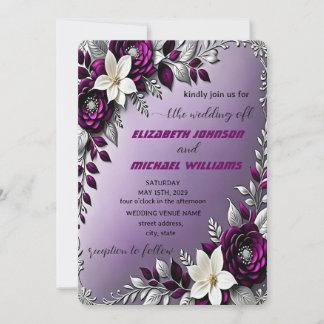 Convites Casamento Floral Profundo de Prata Roxo
