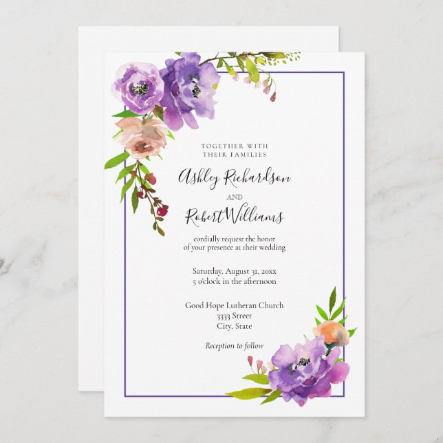 Convites Casamento Floral Purple Watercolor (Frente/Verso)