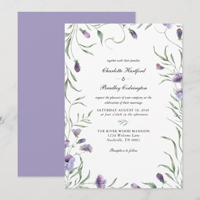 Convites Casamento Floral Purple Whimsy (Frente/Verso)