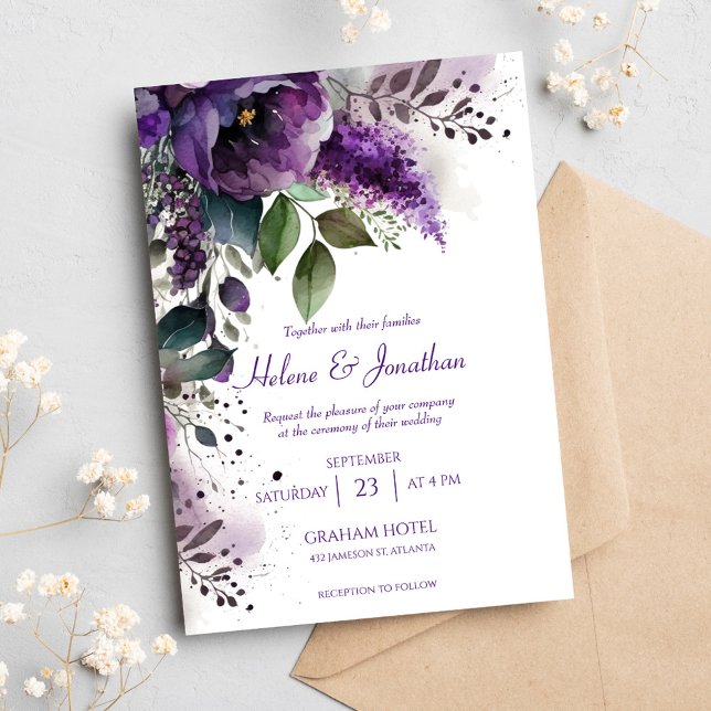 Convites Casamento Floral Púrpura Botânica Moderna Elegante (Modern Elegant Botanical Purple Floral Wedding Invitation)