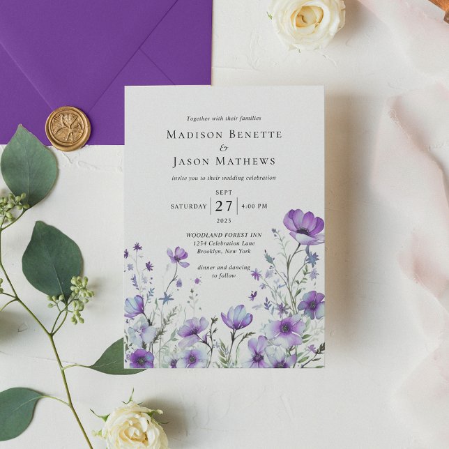 Convites Casamento Floral Púrpura da Boêmia Elegante Modern (Criador carregado)