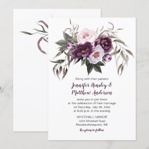 Convites Casamento Floral Púrpura de Plum Pink Watercolor #