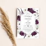 Convites Casamento Floral Púrpura e Branca<br><div class="desc">Mão pintada de roxo e branco, florais e verde em aquarela em fundo roxo trazem seu convite de casamento à vida. É luxo e impresso com alta qualidade em impressoras de nível profissional. Modelos fáceis de usar ajudarão você a fazer seu convite de casamento rapidamente. E as cores roxas se...</div>