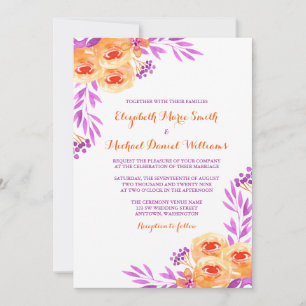 Convites Casamento Floral Púrpura e Laranja