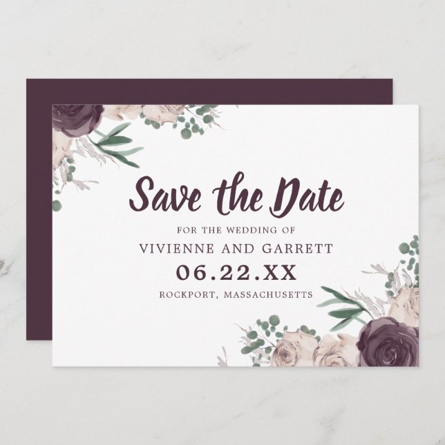 Convites Casamento Floral Púrpura e Rosa Salvar a Data (Frente/Verso)