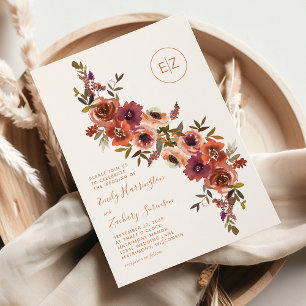 Convites Casamento Floral Púrpura Laranja Queimada Monogram