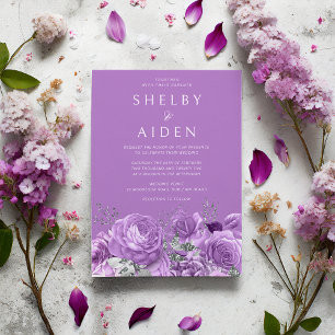 Convites Casamento Floral Púrpura, Violeta, Lavanda Doce