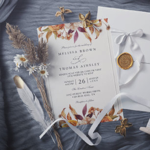 Convites Casamento Floral QR Code Bege Laranja Dourado Rúst