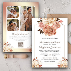 Convites Casamento Floral QR Code Boho Rústico Dourado Rosa